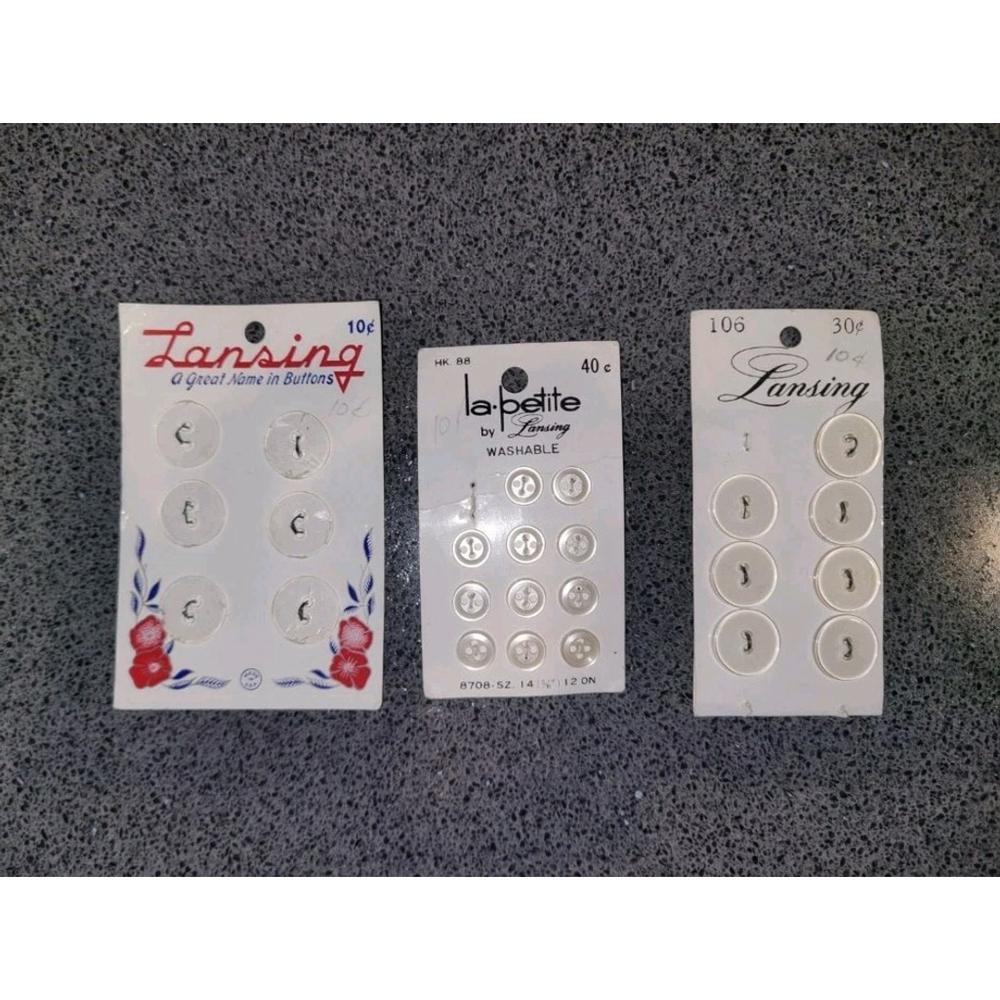 Vintage White Button Lot Lansing & Le Chic Plastic Sewing Notions NOS Cards